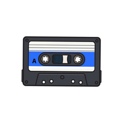 Old fashioned, retro audio cassette from 90s, sketch vector illustration isolated on white background. Front view of hand drawn audio cassette, tape with empty label sticker, retro object from 90s