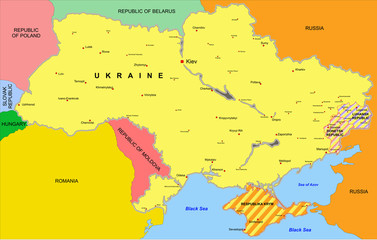 Ukraine Political color Map 2017, national borders, important cities. English labeling and scaling. Illustration.