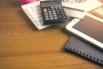 office tools working space on desk in finance concept