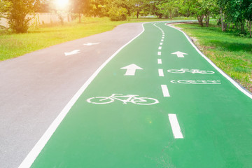 Obraz premium Sign of bicycle on green road. Concept traffic sign.