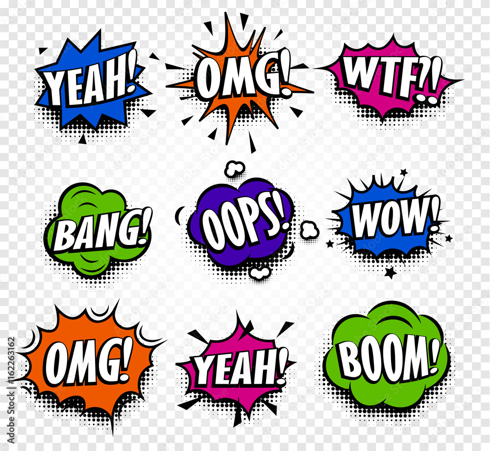 Aufkleber Isolated abstract colorful comics speech balloons icons collection on checkered background, dialog boxes with popular expressions set,pop art dialog frames vector illustration.