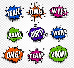 Isolated abstract colorful comics speech balloons icons collection on checkered background, dialog boxes with popular expressions set,pop art dialog frames vector illustration. - obrazy, fototapety, plakaty