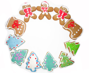 christmas cookies gingerbread and decoration on wooden background