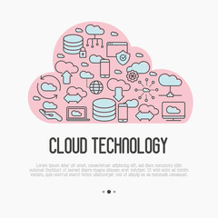 Cloud computing technology concept with thin line icons related to hosting, server storage, cloud management, data security, mobile and desktop memory. Vector illustration.