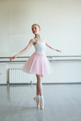 Cute little ballerina in pink ballet costume and pointe shoes is dancing in the room. Kid in dance...