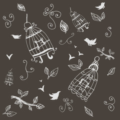 Vintage birds and birdcages. Pattern. Wallpaper.