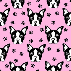 Cute kids pattern for girls and boys. Colorful dogs, Bulldog on the abstract grunge background create a fun cartoon drawing.The background is made in white colors.Urban backdrop for textile and fabric