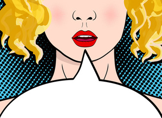Beautiful and sexy surprised blonde pop art girl with open mouth screaming announcement. Vector background in comic retro pop art style. Invitation.