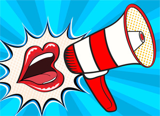 Sexy open female mouth and megaphone screaming announcement. Vector background in comic retro pop art style.
