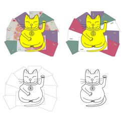 Golden lucky cat sitting on the money. Vector.