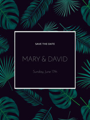 Wedding invitation or card design with exotic tropical palm leaves