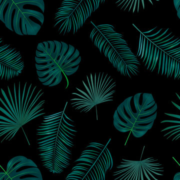 Seamless hand drawn  vector pattern with green palm leaves on dark background.