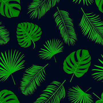 Seamless hand drawn  vector pattern with green palm leaves on dark background.