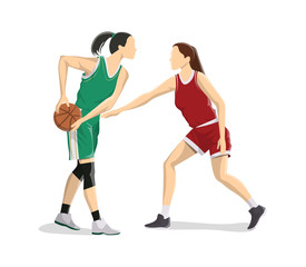 Women play basketball.