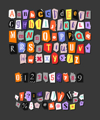 Colorful Newspaper alphabet. Hand made anonymous set. Vector Letters, numbers and punctuation marks