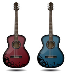 Fototapeta premium Guitar set isolated on white background. Classic guitar for Your business project. Black and red and blue wooden guitars. Vector Illustration