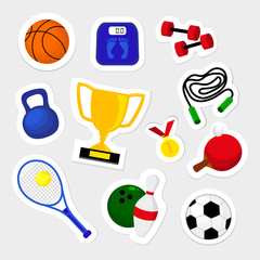 Fashion patch badges with cup, tennis ball, soccer, basketball, medal and other. Very large set of girlish and boyish stickers, patches in cartoon isolated.Trendy print for backpacks, things, clothes