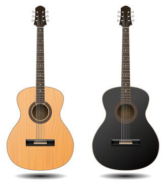 Guitar set isolated on white background. Classic guitar for Your business project. Black and brown wooden guitars. Vector Illustration