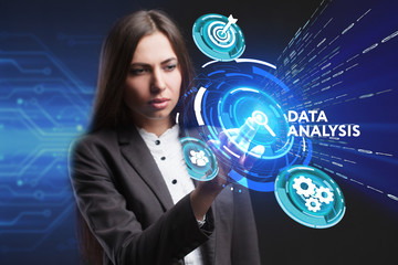 The concept of business, technology, the Internet and the network. A young entrepreneur working on a virtual screen of the future and sees the inscription: Data analysis