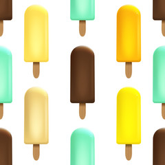 Ice cream seamless pattern on white background for Your business project. Realistic Snacks for ice cream from milk. Ice lolly. Vector Illustration