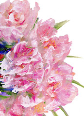 Bouquet of pink flowers. Oil painting on Canvas. Isolated on white background