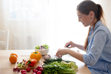 The woman sitting in the kitchen and preparing a fresh vegetable salad - 162266916