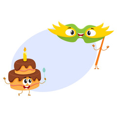 Smiling birthday party characters - mask and two layered cake with candle, cartoon vector illustration with space for text. Funny chocolate birthday cake and fance mask characters, mascots