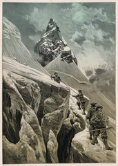 Climbing the Crast-Aguzza in the Swiss Alps. Date: circa 1899