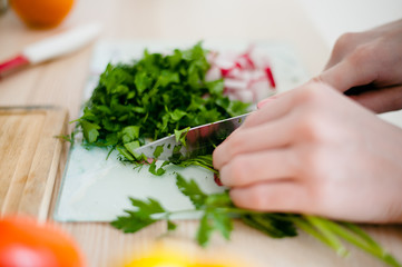 The girl with a knife cuts the dill on the kitchen table