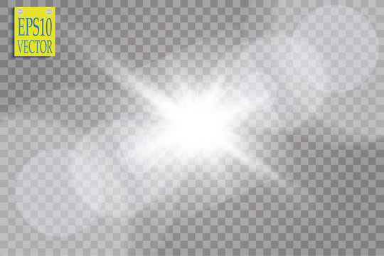 Vector transparent sunlight special lens flare light effect. Sun flash with rays and spotlight


