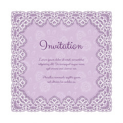 Elegant invitation or greeting card template with lace square frame. Vector Illustration