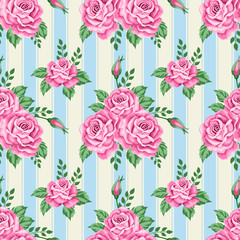 Seamless pattern with roses and flowers. Vector Illustration in retro style