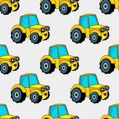 Fototapete Autorennen Cute kids pattern for girls and boys. Colorful car, auto on the abstract bright background create a fun cartoon drawing.The background is made in blue colors.Urban backdrop for textile and fabric