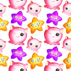 Seamless pattern with little pink marine monsters and colorful starfishes