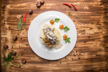 Beef Stroganoff with mashed potatoes and adjika