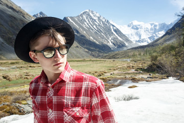 Portrait male adventure man hiking mountain with backpack