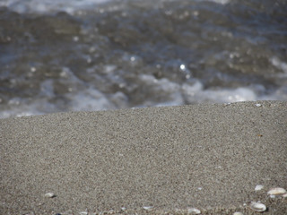 Closeup of sand beach with sea blurred background