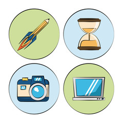 white background with colorful circles with marketing icons how photo camera and sand clock and laptop and rocket pencil