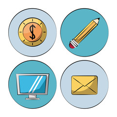 white background with colorful circles with marketing icons how lcd monitor and money and pencil and mail