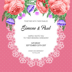 Wedding invitation template with flowers. Vector Illustration in retro style