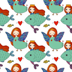 Pattern with girl Sirin and mermaid.