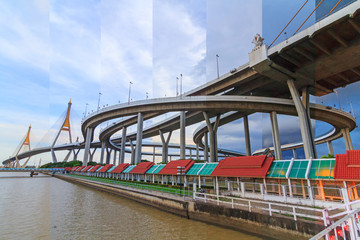 Beautiful Big Bhumibol Bridge / Big bridge at the river
