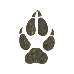 Super fashion design logo. The modern trend fictional topo map design and a trace from a wolf. Silhouette of foot with contour map. Abstract topographic icon. Khaki and black color. Mapping logotype.