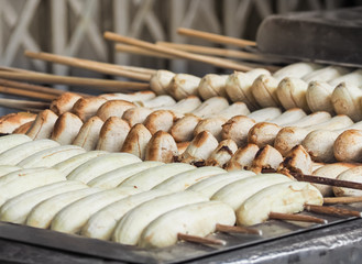 Selective focus/ Banana grilled bananas for sale on the street market. Bangkok, Thailand