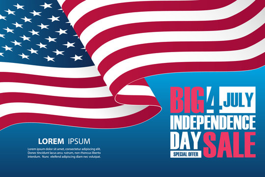 4th of July Independence Day Sale banner with waving american national flag. Special offer background for business, promotion and advertising. Vector illustration.
