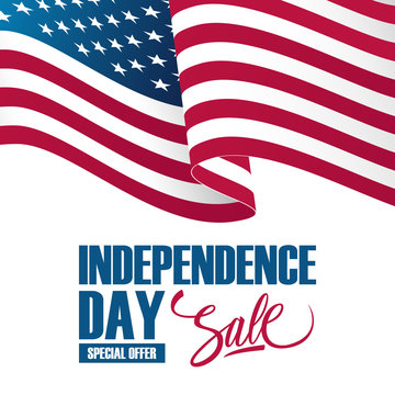 Independence Day Sale banner with waving american national flag. Special offer background for business, promotion and advertising. Vector illustration.