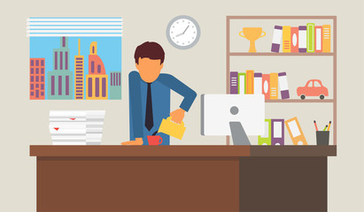 Businessman on coffee break. Business office workplace vector illustration.