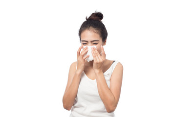 Young woman sick having allergy and sneezing in tissue isolated on a white background