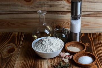 Flour, garlic and spices, a set of ingredients