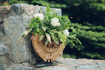 Bouquet of white roses as decor at wedding